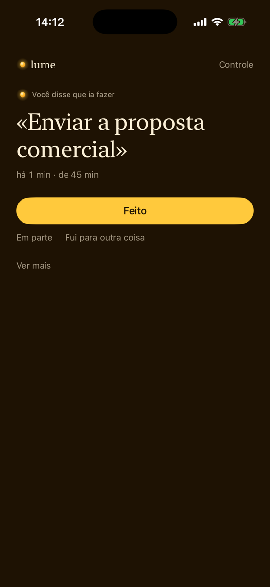 Tela inicial do Lume no iPhone: «Enviar a proposta comercial», há 2 min de 45, e o botão Feito