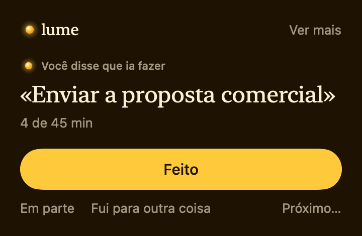 Painel do Lume no Mac aberto pela barra de menus